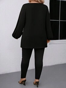 SHEIN LUNE 2pcs Plus Size Knit Patchwork Color Block Loose T-Shirt & Pants Set