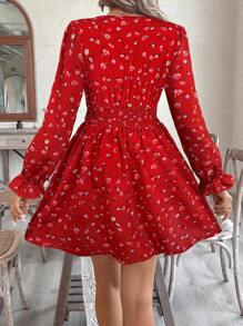 SHEIN VCAY Figure-Hugging V-Neck Bowknot Long Sleeve Mini Dress For Women, Vacation - Red - View 2