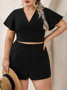 SHEIN VCAY Plus Size 2pcs/Set Solid V-Neck Top And Shorts, Casual And Fashionable For Daily Wear