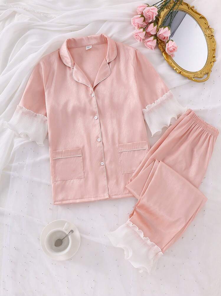 Chaqueta estilo cárdigan de niña adolescente, de tela rosa jacquard de apariencia de seda sintética con textura, de cuello, manga larga, pantalones largos, puños y bajo con volante de doble capa de satén, ropa de estar por casa elegante - Rosa - Añade 3