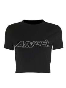 SHEIN Coolane Women's Black Crew Neck Short Sleeve T-Shirt With Rhinestone Decor, Casual Outdoor Wear, Spring/Summer