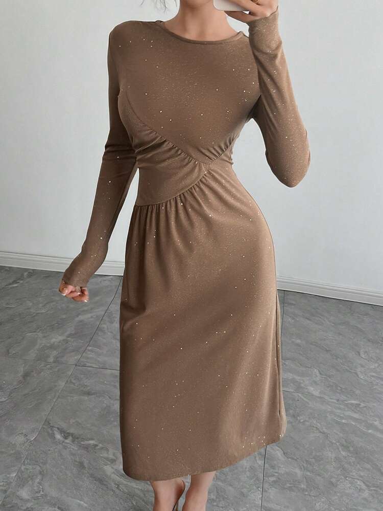 Sequin Decorated Fitted Midi Party Dress For Women With Side Slit Prom Dress,Fall Clothes Long Sleeve Dress