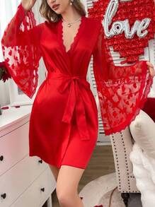 Lace Trim Heart Pattern Mesh Sexy Ladies Sleepwear Robe - Red - View 4