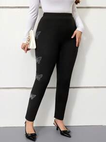 SHEIN Plus Size Women's Rhinestone Butterfly Pattern Leggings