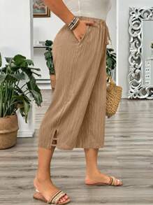EMERY ROSE Plus Size Women's Solid Color Belted Loose Wide Leg Capri Pants - Khaki - View 5