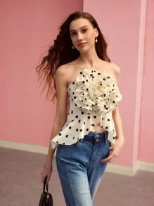 MOTF PREMIUM 情人节、春季衬衫、春夏波尔卡圆点立体花卉抹胸 - 黑與白 - 查看 6