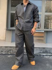 DAZY 2pcs/Set Men's Casual Solid Color Shirt And Straight Leg Pants Set Business Attire - Grey - View 5