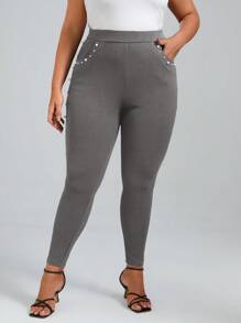 SHEIN Clasi Plus Size Slant Pocket Pearls Beaded Skinny Pants - Grey - View 5