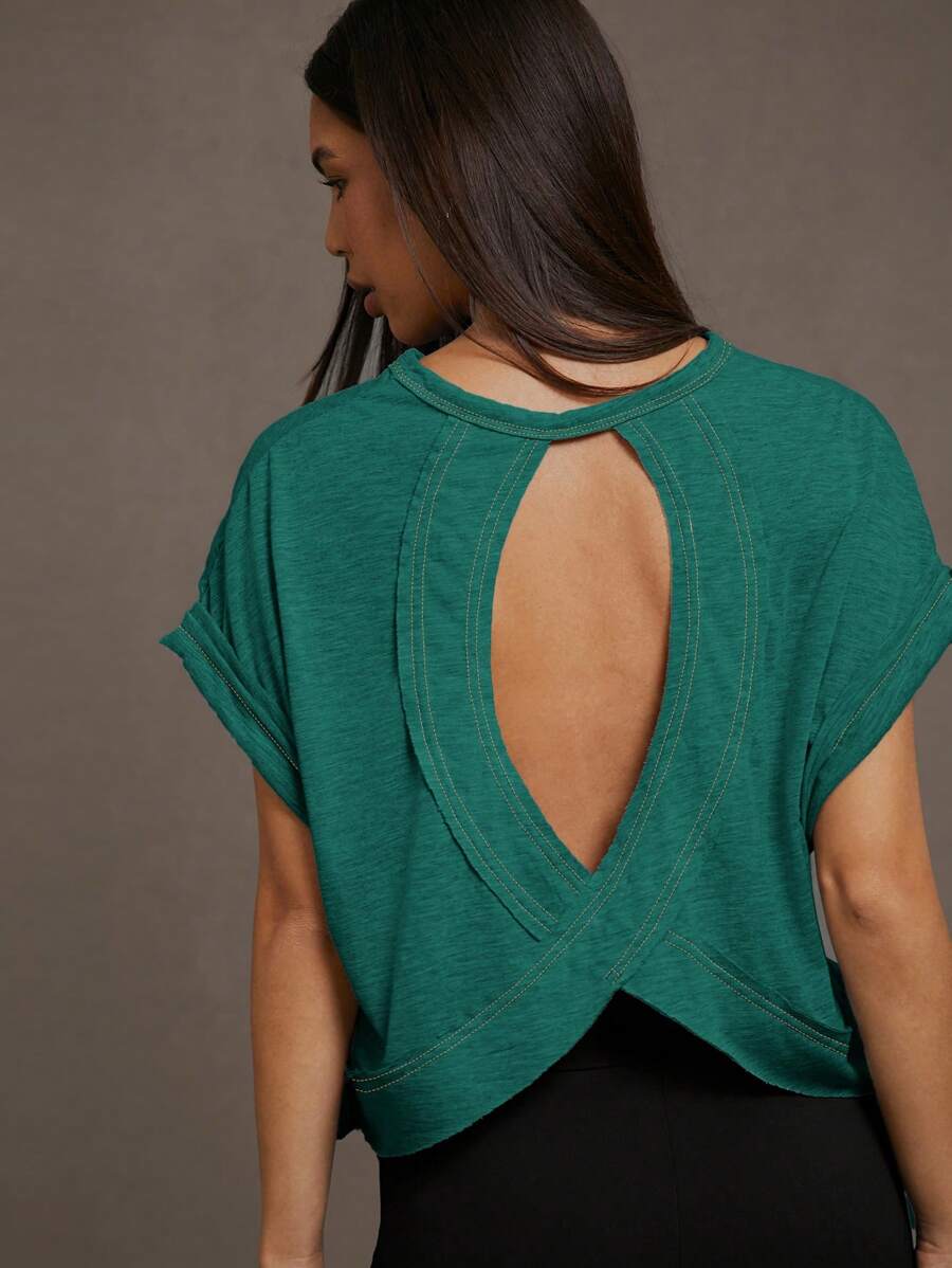 SHEIN Essnce Camiseta de mujer de unicolor con cuello redondo, mangas cortas y espalda descubierta, de estilo casual y clásico - Agua verde azul - Ver 1