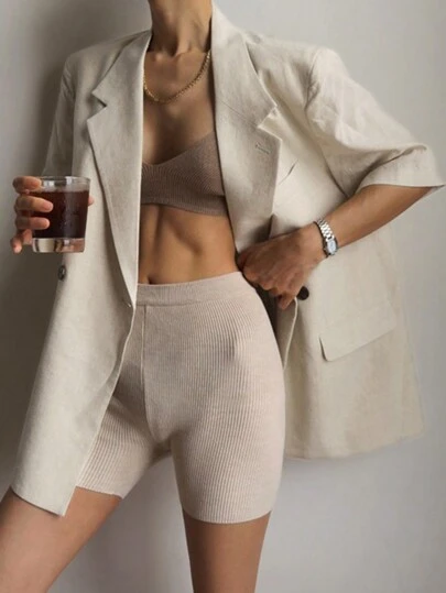 DAZY 女士纯色翻领双排扣休闲常规款西装外套，亚麻商务正装