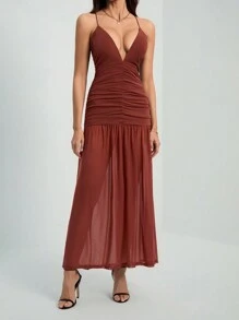 SHEIN Tall Váy xòe viền trước màu nâu cho nữ, Váy dự tiệc cưới - màu nâu - Xem 4