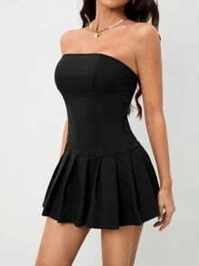 SHEIN Tall 春夏季女士露肩纯色褶皱简约连衣裙