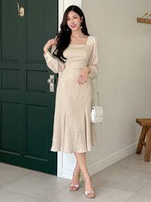 DAZY Color Block Square Neck Balloon Sleeve Mid-Length Women Dress,Ruffle,Dress For Wedding,Fall Dress Long Sleeve Dress - Purple - View 4