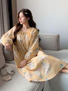 DAZY Floral Print Pleated Drawstring Collar Raglan Lantern Sleeve Loose Nightgown Pajama - Yellow - View 3