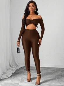 SHEIN Slayr Ensemble de 2 pièces femme: Top à épaules dénudées manches longues de couleur unie et pantalon skinny, style casual
