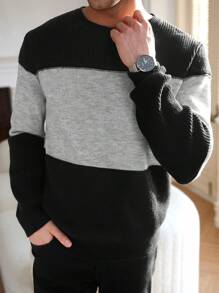 Manfinity CityGents Jersey de cuello redondo de manga larga con bloques de color casual para hombre, otoño/invierno