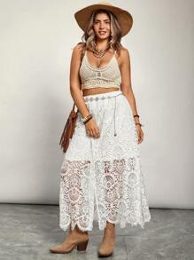 SHEIN VCAY Falda casual de talla grande de unicolor con encaje y dobladillo dividido, adecuada para vacaciones