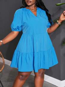 Slaydiva 宽松纯色灯笼袖 A 字形荷叶边下摆大码女式连衣裙，休闲度假风格，春夏