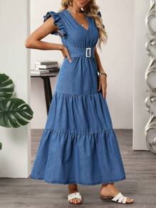 EMERY ROSE 女士度假休闲侧开衩牛仔连衣裙 - 藍色 - 查看 4