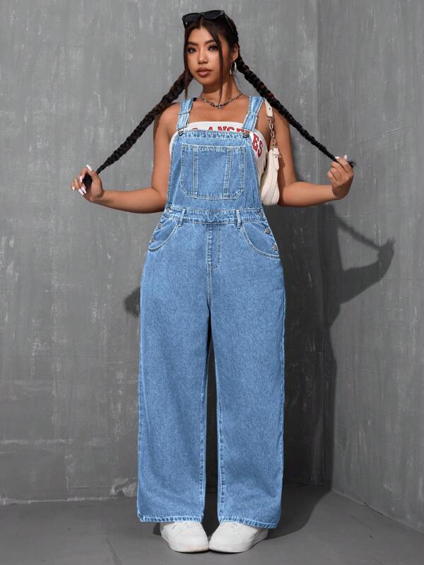 SHEIN ICON Plus Size Women's Pocketed Wide Leg Casual Denim Jumpsuit