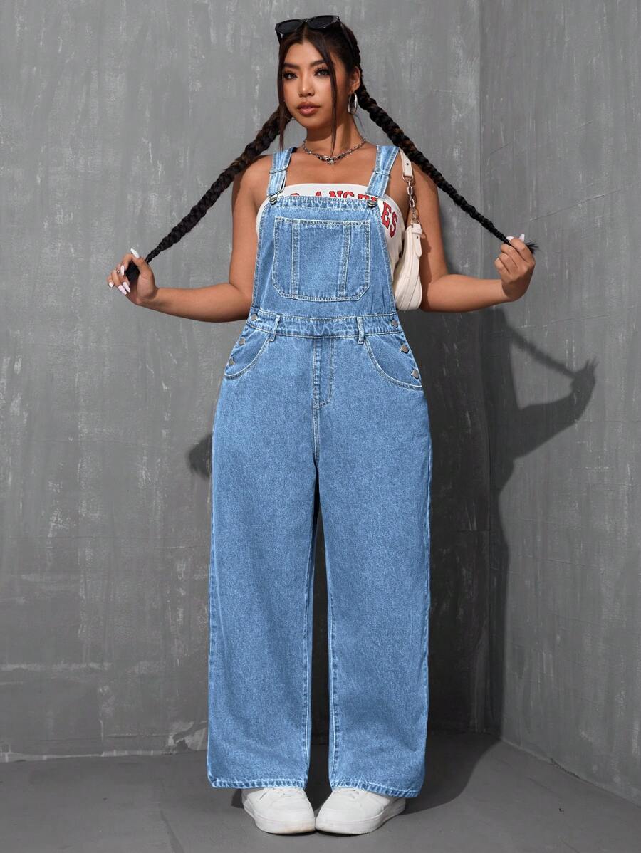 SHEIN ICON Plus Size Women's Pocketed Wide Leg Casual Denim Jumpsuit - Light Wash - View 1