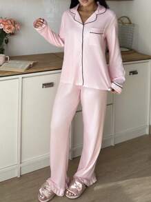 SweetSlumber Women's Casual Lapel Collar Single-Breasted Long Sleeve Top And Pants Pajama Set , Fall Winter Clothes Cozy And Elegant Details - Dusty Pink - View 6