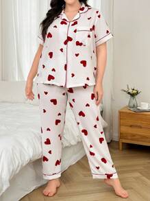 Dream Adore Ensemble robe et pyjama grandes tailles, imprimé cœur aquatique, chemise à manches courtes rouge et pantalon long