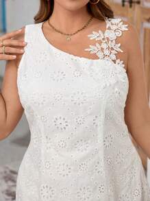 SHEIN Clasi Curvy Plus Size Women's Asymmetric Collar Sleeveless Embroidery Romantic And Elegant Daily A-Hem Short Dress,Going Out Outfits,Valentine's Day,Lover,Summer/Spring,Vintage,Work Clothes Women,Old Money Style Women,Office,Vacation,Valentines Clothes,White Dresses For Women,White Summer Dress,Beach Dress Sundress,Holiday Outfits Boho