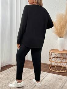 SHEIN VCAY 2 sztuki/zestaw Plus Size Women Striped V-neck Long Sleeve T-shirt I Spodnie Swobodne Ubrania