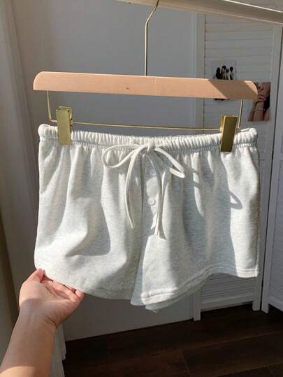 SHEIN EZwear 浅灰色抽绳腰针织短裤，夏季休闲