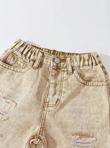 SHEIN Tween Girl' Front Button Pocket Distressed Casual Denim Jeans - Khaki - View 5