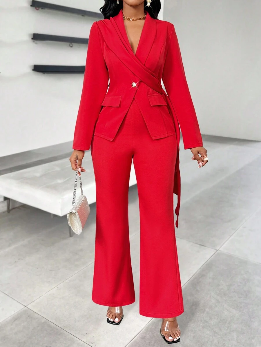 Lyxana Women's Ruffled Tie Button Jacket And Flare Pants Suit Set - Red - View 1