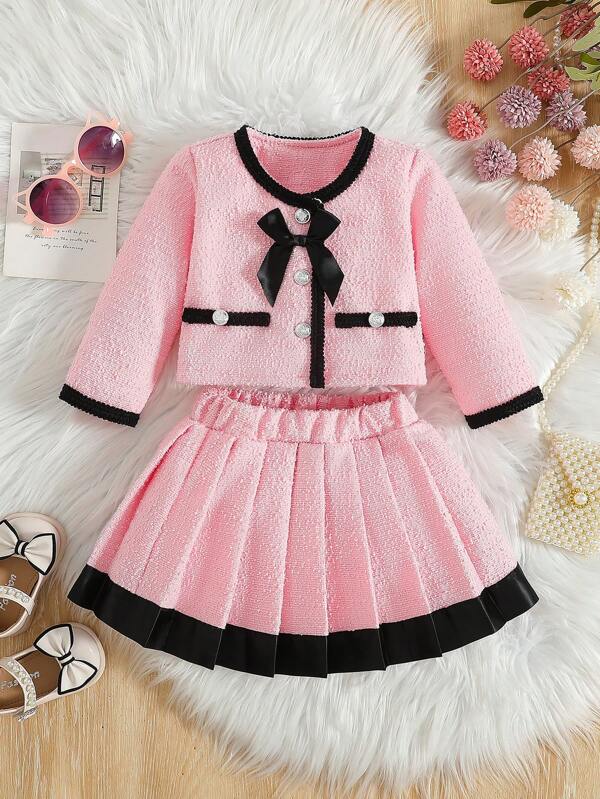 SHEIN Baby Girls' 2pcs Set: Bow Decor Long Sleeve Jacket And Pleated Skirt, Elegant For Party, Autumn/Spring