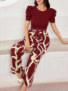 Modelyn 女士纯色圆领短袖上衣和长裤休闲两件套 - 酒紅色 - 查看 7