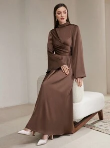 Veilorie 女士纯色立领长袖百褶优雅朴素连衣裙 - 咖啡 - 查看 5