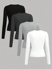 SHEIN Girlism 4 件套青少年女孩圆领针织百搭长袖休闲简约 T 恤，黑色、白色、粉色、深灰色，买 1 送 3 - 灰色 - 查看 2