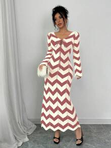 Calvaya Women's Striped Tie-Up Long Sleeve Casual Long Knitted Sweater Dress