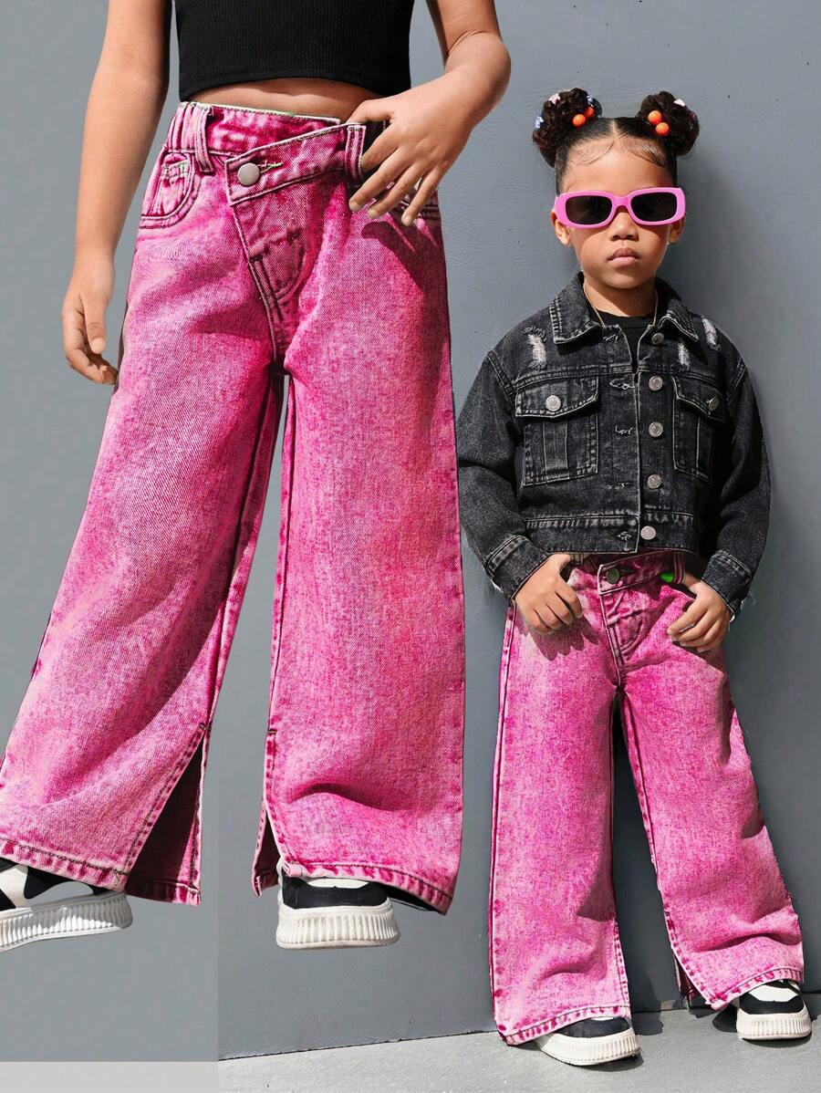 SHEIN Explorewe Young Girl Light Washed Blue Casual Pants, Simple Design With Slit Hem, Wide Leg Jeans