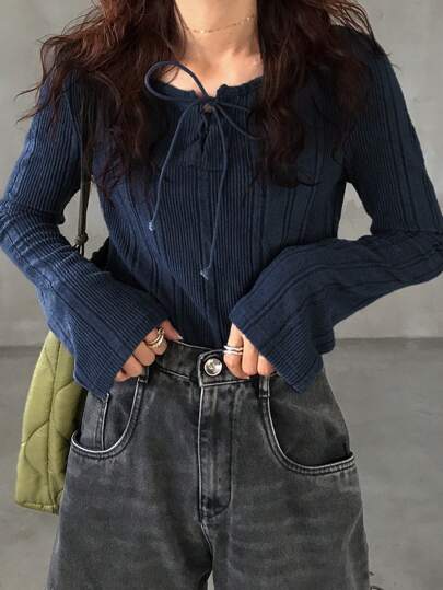 FRIFUL Women Casual Solid Color Cross Strap Long Sleeve Fitted T-Shirt,Fall Women Clothes