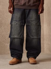 SUMWON 滑板款工装牛仔裤，拼接设计，阔腿，都市街头装，工作服，宽松版型，四季皆宜，做旧休闲裤 - 藍色 - 查看 5