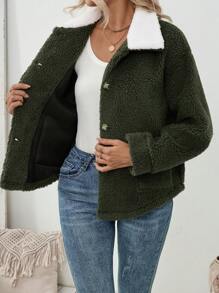 SHEIN LUNE Áo khoác cổ trắng & cổ xanh quân đội tương phản, thanh lịch - xanh quân đội - Xem 6