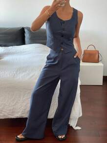 Livesso Set de 2 piezas de top de tirantes con botones y pantalones de unicolor para mujer, ropa de vuelta al colegio - Azul - Ver 2