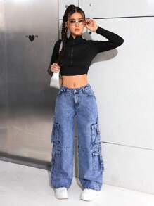 SHEIN Teen Girl Y2K Fashion Stonewashed High Waisted Baggy Straight-Leg Cargo Denim Jeans Pants With Utility Pockets Versatile Style, Girls Spring Summer Streetwear - Medium Wash - View 5