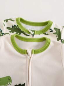 Cozy Pixies 新生男婴 2 件套 卡通恐龙图案针织柔软圆领长袖连体衣和裤子套装 - 綠色 - 查看 6