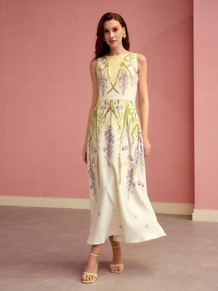 VESTIDO LONGO SEM MANGAS COM ESTAMPA FLORAL ELEGANTE, LOOK PARA O DIA DOS NAMORADOS