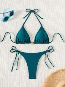SHEIN Swim Conjunto de bikini sexy de 2 piezas con top de tirante y triángulo, traje de baño y shorts de baño para verano y vacaciones en la playa