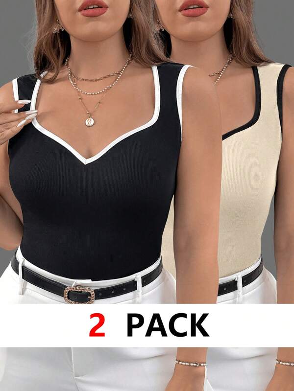 SHEIN Privé 3pcs Plus Size Women Minimalist Sweetheart Neck Contrast Binding Tank Top, For Summer,Business Casual Woman