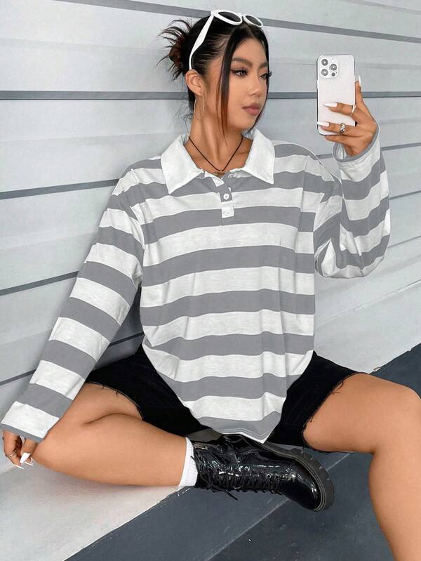 Flirla Plus Size Color Block Striped Long Sleeve T-Shirt, Casual Autumn