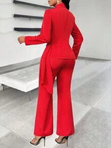Lyxana Women's Ruffled Tie Button Jacket And Flare Pants Suit Set - Red - View 2