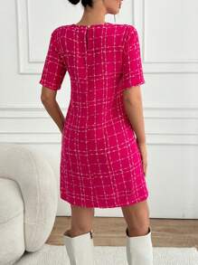 EURMUSE Plaid Pattern Front Pocket Designed Short Sleeve Zip Up Cute Dress - Pink - View 2